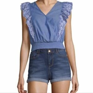 Arizona Jean Co Chambray Lace Ruffle Sleeve Smocked Waist Crop‎ Top Blue Women's